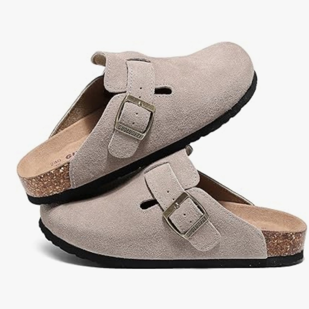 Tan Mules with Cork Footbed and Adjustable Straps